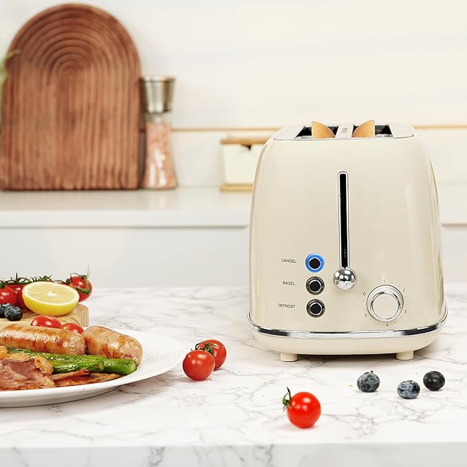 Roter Mond 4 Slice Toaster Retro Stainless Steel Toaster with Bagel, Cancel, Defrost Function and 6 Bread Shade Settings Bread Machine, Long Extra Wide Slots and Removable Crumb Tray, Cream