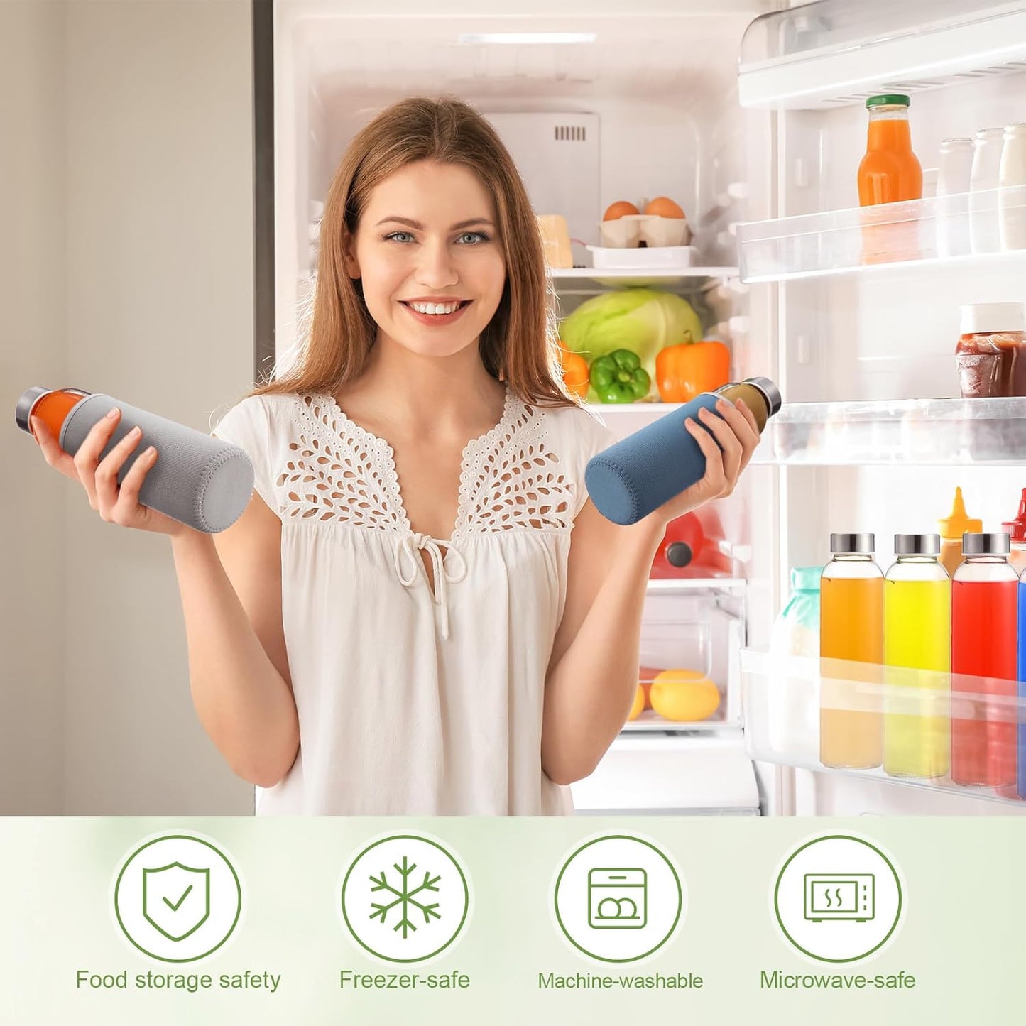 Vesici 12 Set 18 oz Clear Glass Water Bottles, Reusable Glass Juicing Bottles with Protection Sleeve and Stainless Steel Leak Proof Lids for Milk Smoothie Juice Beverage Tea (Colorful,Low Profile)