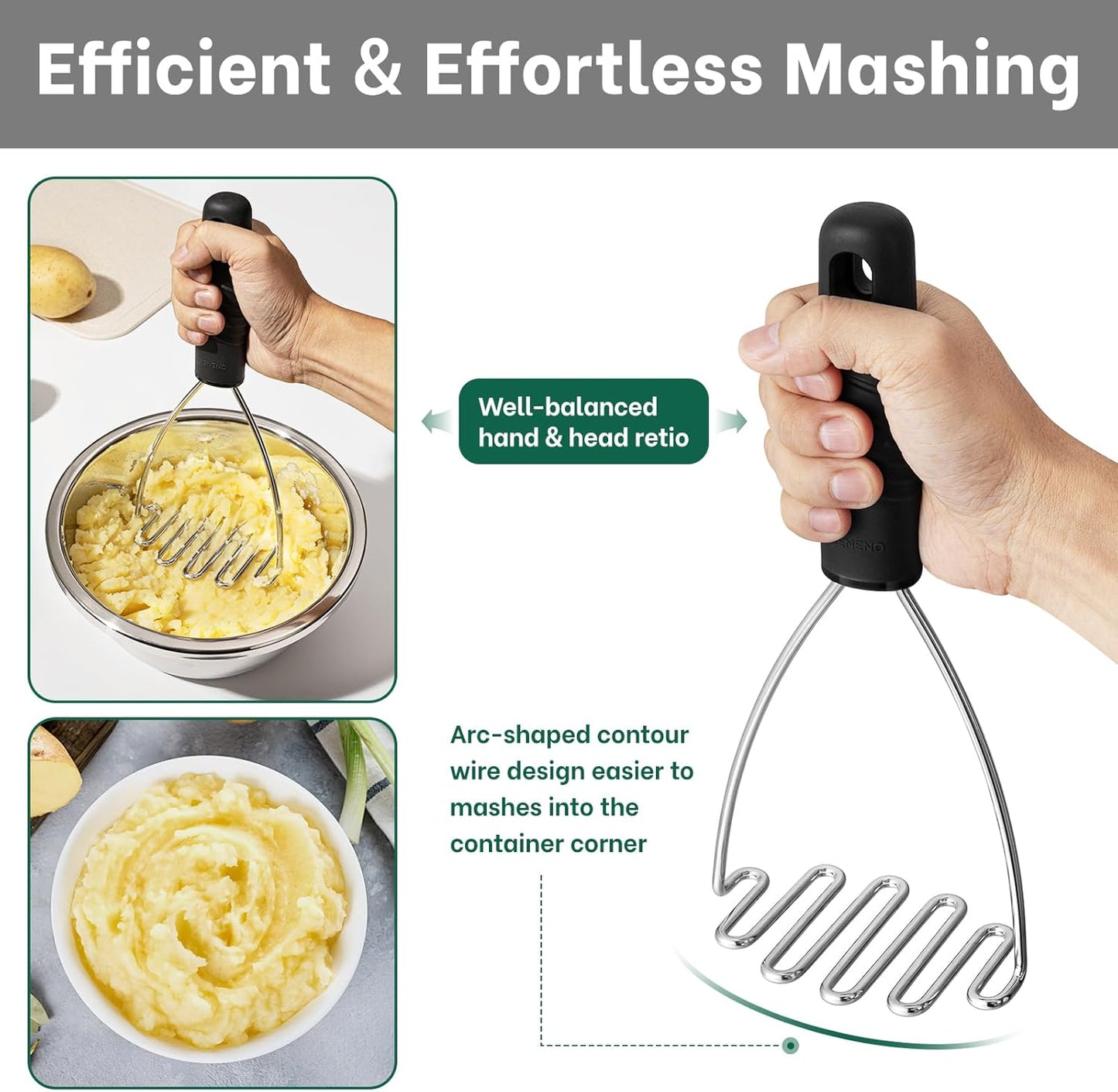 Beneno Stainless Steel Wire Potato Masher, Heavy Duty Sturdy Easy Grip Masher Kitchen Tools with Non-Slip Soft Rubber Handle, Effortless Mashing Tool for Potatoes, Avocados, Dishwasher Safe, Rustproof