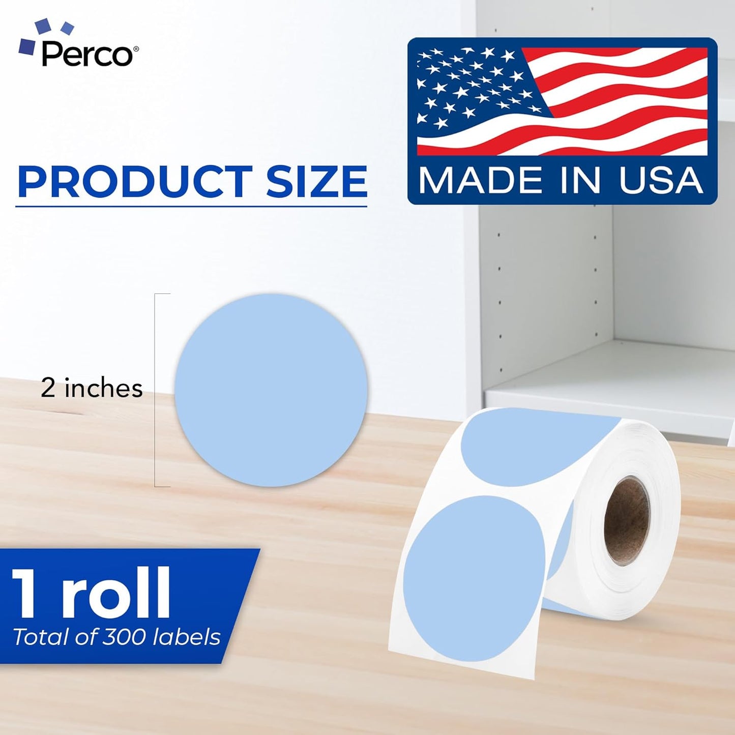 Perco Blue 2-Inch Perforated Circle Dot Thermal Sticker Labels — 300 Stickers/Roll, Direct Thermal Printer Compatible—with Permanent Adhesive for Organizing, Color Coding, Bin Labeling—Made in USA