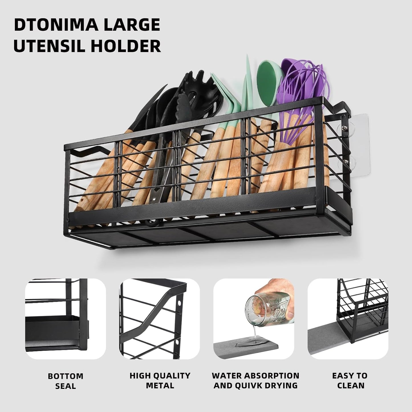 Large Kitchen Utensil Holder with Diatomite Base – Wall-Mountable Utensil Caddy with 4 Compartments – Fast-Drying Matte Black Utensil Organizer for Kitchen Countertop or Wall