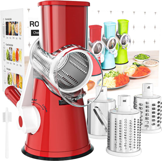 Cambom Rotary Cheese Grater Hand Crank Cheese Shredder for Fresh Cheese, Vegetable, Nuts,Non-slip Suction Base, Free Cleaning Brush Three Blades, Red