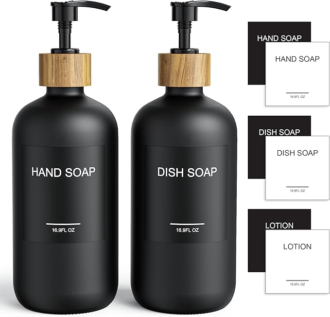 Cisily Dish Soap Dispenser Set 2 Pack 16.9oz Black Glass Bottle, Dish Soap Dispensers, Vintage Hand and Dish Soap Dispensers Set