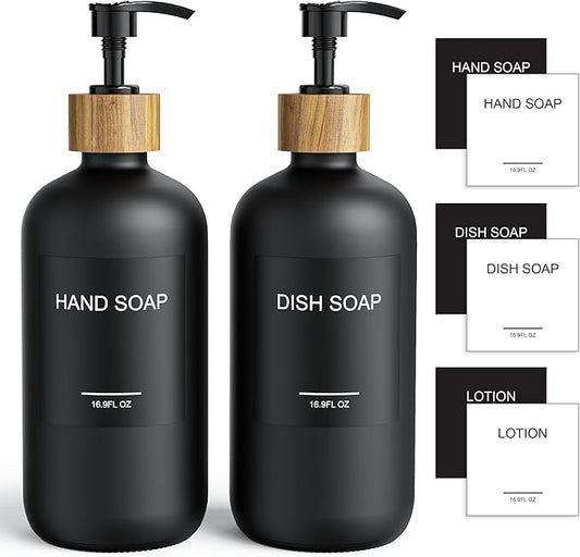 Cisily Dish Soap Dispenser Set 2 Pack 16.9oz Black Glass Bottle, Dish Soap Dispensers, Vintage Hand and Dish Soap Dispensers Set