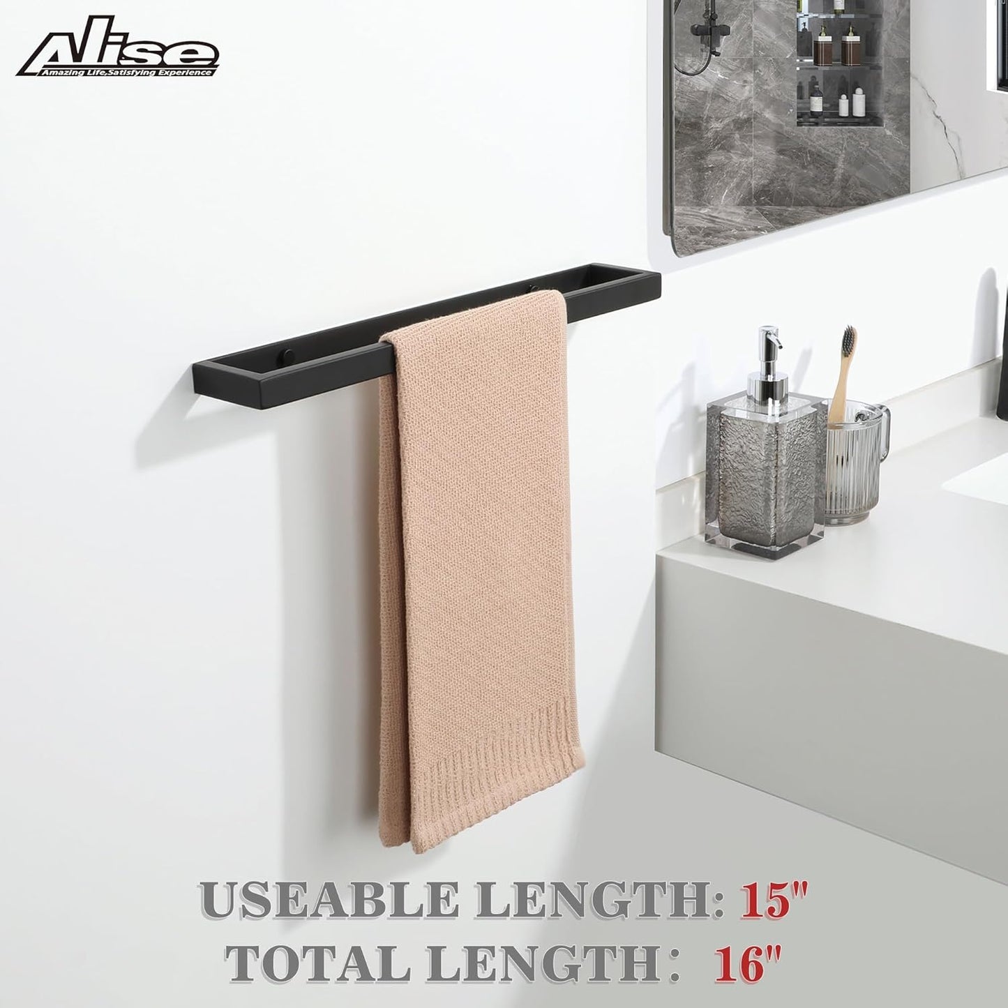 Alise Bath Towel Bars,16 Inch Towel Holder Towel Racks for Bathroom and Lavatory,SUS304 Stainless Steel Hand Towel Hanger Rail Wall Mount,Matte Black GJF040-B