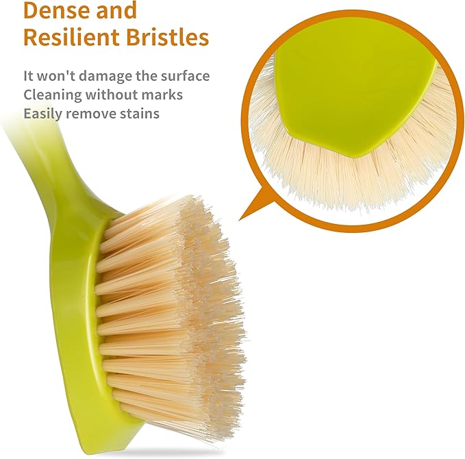 2 Pack Kitchen Dish Brush Bamboo Handle Dish Scrubber Built-in Scraper, Scrub Brush for Pans, Pots, Kitchen Sink Cleaning, Dishwashing and Cleaning Brushes are Perfect Cleaning Tools, Color-Green
