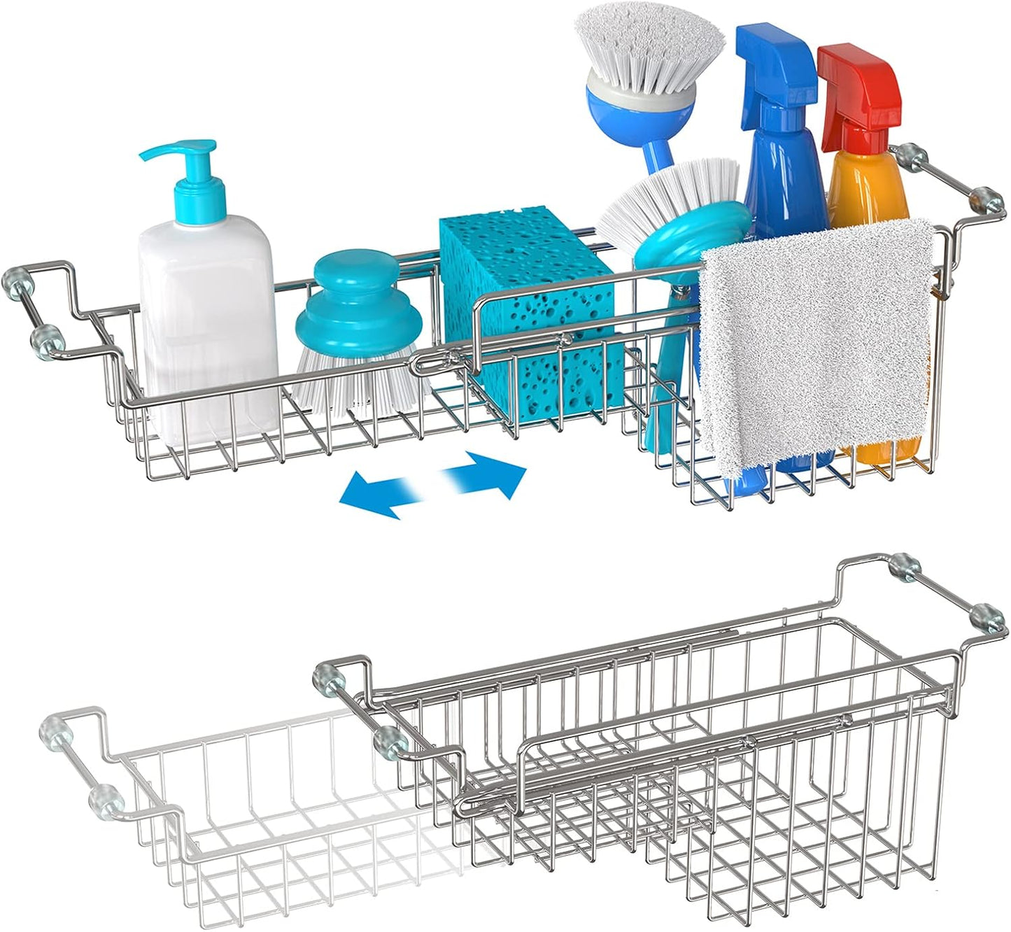 Over The Kitchen Sink Caddy Sponge Holder Organizer Drying Rack Expandable for Sponge Brush Soap Dish Cloth Rag, Stainless Steel (12.25" to 17.25")