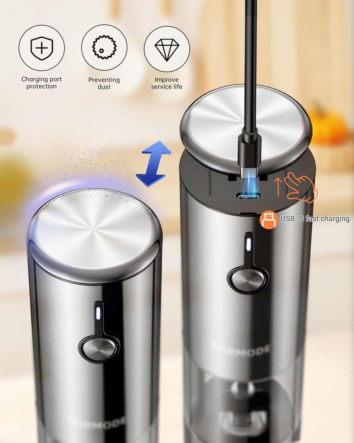 Electric Pepper Grinder and Salt Mill Set - Large Capacity USB Rechargeable Automatic Grinder with Dual LED Lights, One-Handed Operation & Slide Cover - Brushed Stainless Steel