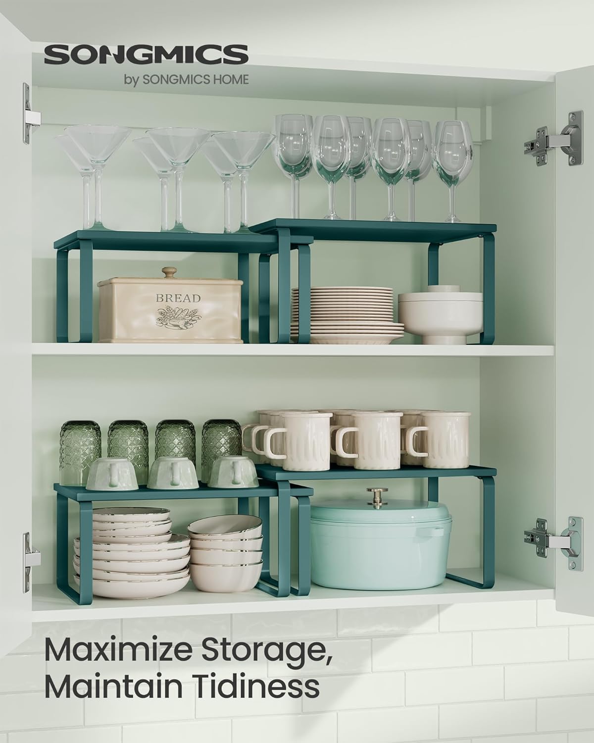 SONGMICS Cabinet Organizer Shelf, Set of 2 Kitchen Counter Shelves, Kitchen Storage, Spice Rack, Stackable, Expandable, Metal and Engineered Wood, MARRS Green UKCS002C02