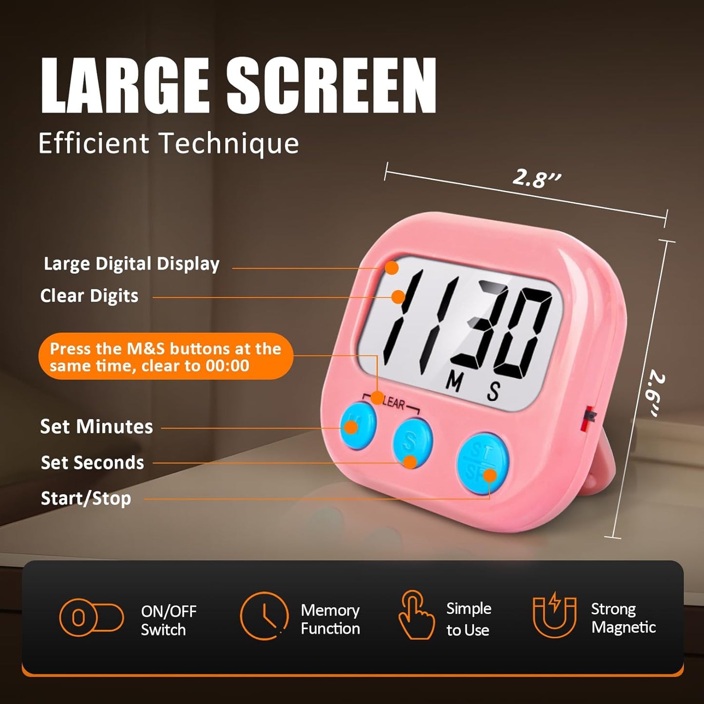 6 Pack Kitchen Timers Loud Ring Digital Timers for Cooking Magnetic Pink