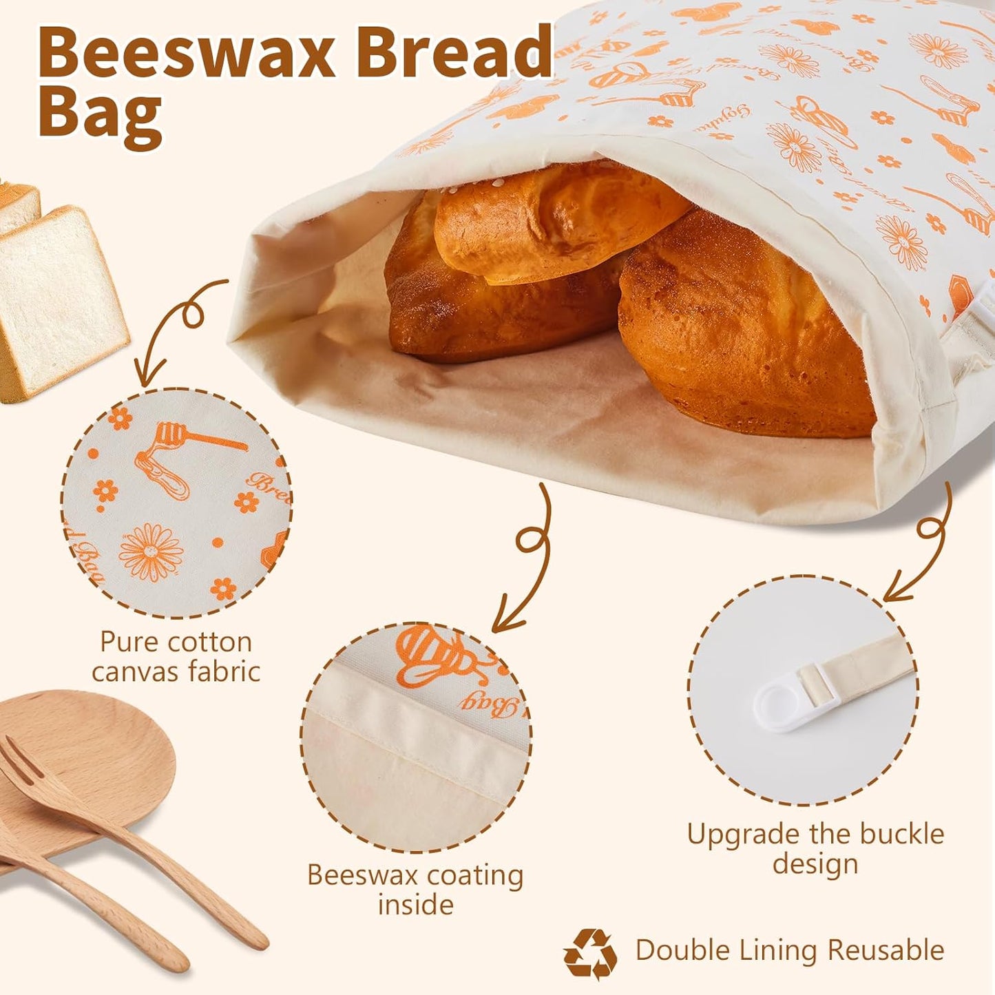 Reusable Bread Bags for Homemade Loaves, 2 Pack Cotton Beeswax Bread Bags, Extra Large Sourdough Bag, Beeswax Storage Bag to Keep Fresh