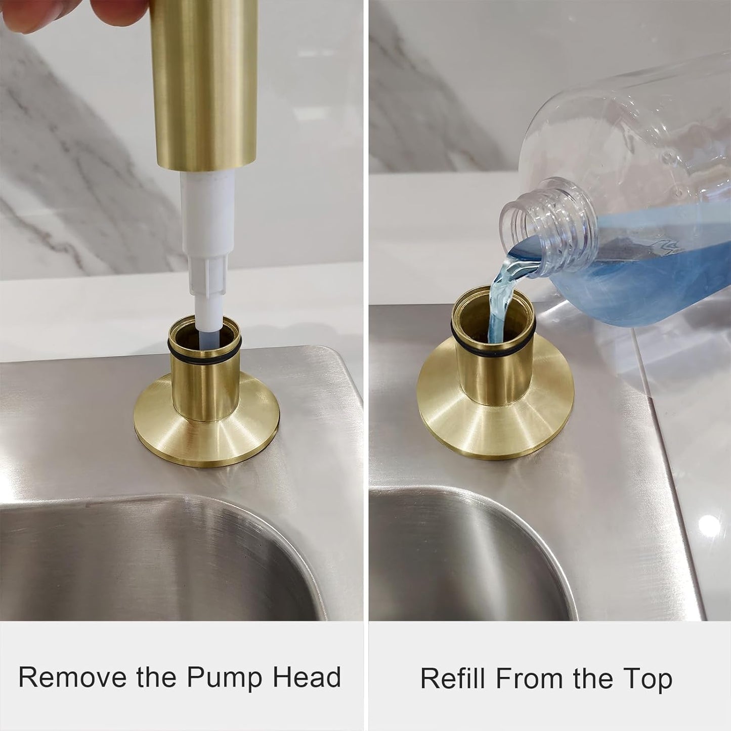 Brushed Gold Built in Dish Soap Dispenser for Kitchen Sink with 17 OZ PET Soap Bottle Refill from The Top, Under Counter Brass Pump Head Liquid Lotion Dispenser, Undermount Copper Pump Head