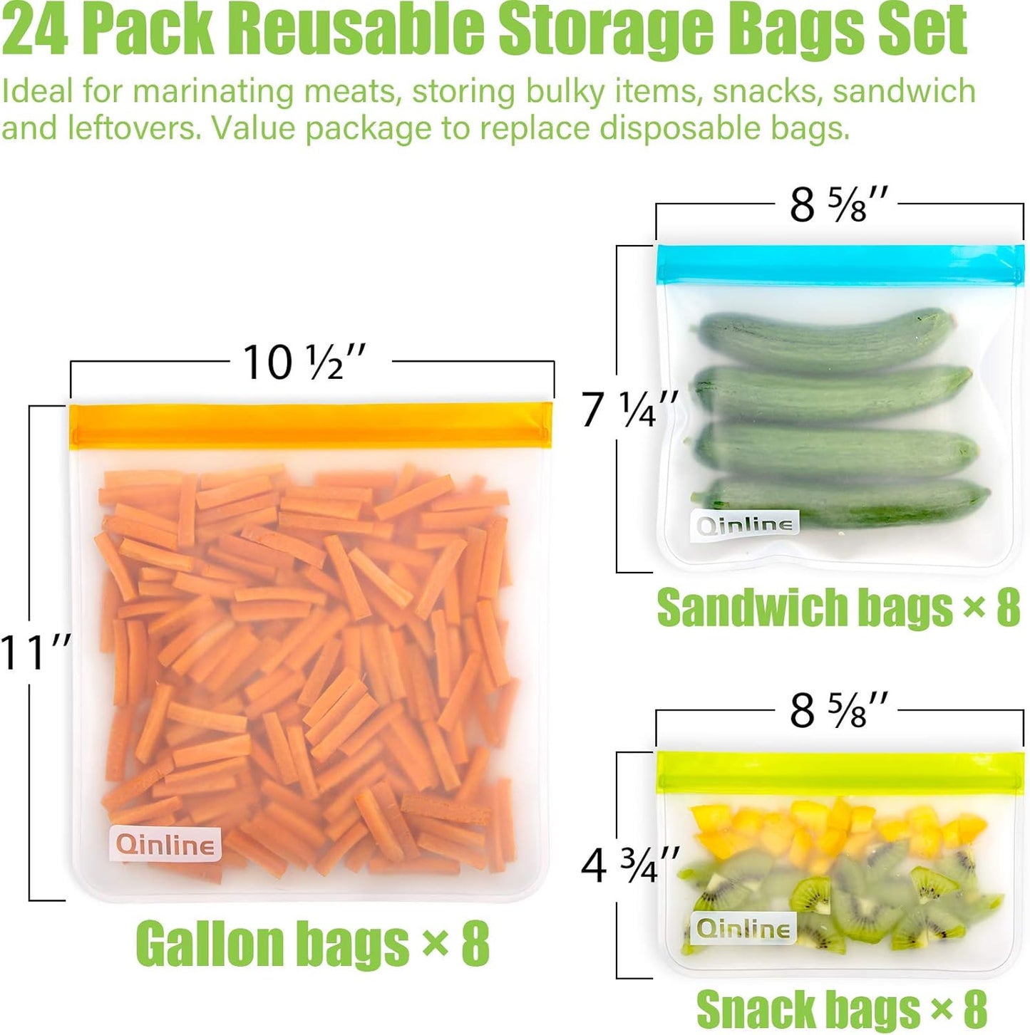 Reusable Food Storage Bags - 24 Pack Freezer Extra Thick Leakproof Lunch Bag - 8 Gallon 8 Sandwich 8 Snack Bags