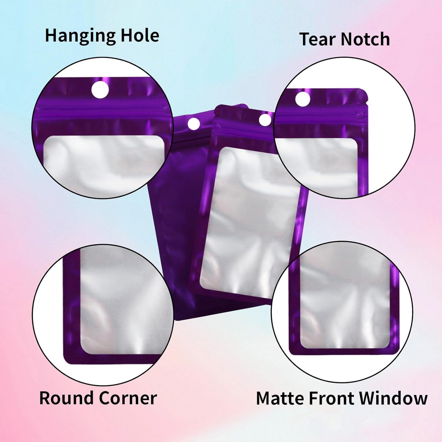 200 Pack Resealable Mylar Holographic Bags Food Storage Smell Proof Bags with Front Window Foil Packaging Pouch for Candy Sample Jewelry Small Business 3.54×6.29 Inch, Purple