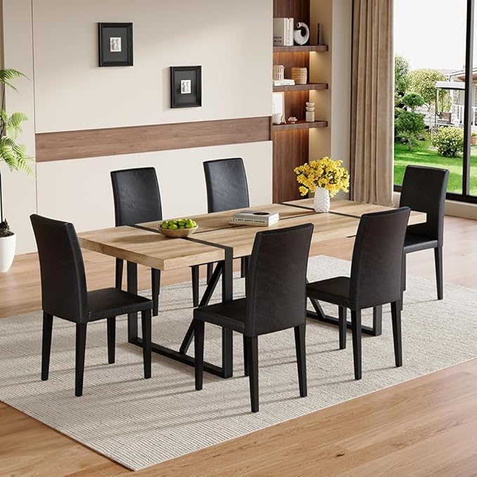 86.6" Dining Table Set for 6, Modern 7 Piece Wood Kitchen Table and Chairs Set, Rectangle Dining Room Table with 6 PU Leather Upholstered Chairs, Ideal for Apartment, Kitchen, Dining Room