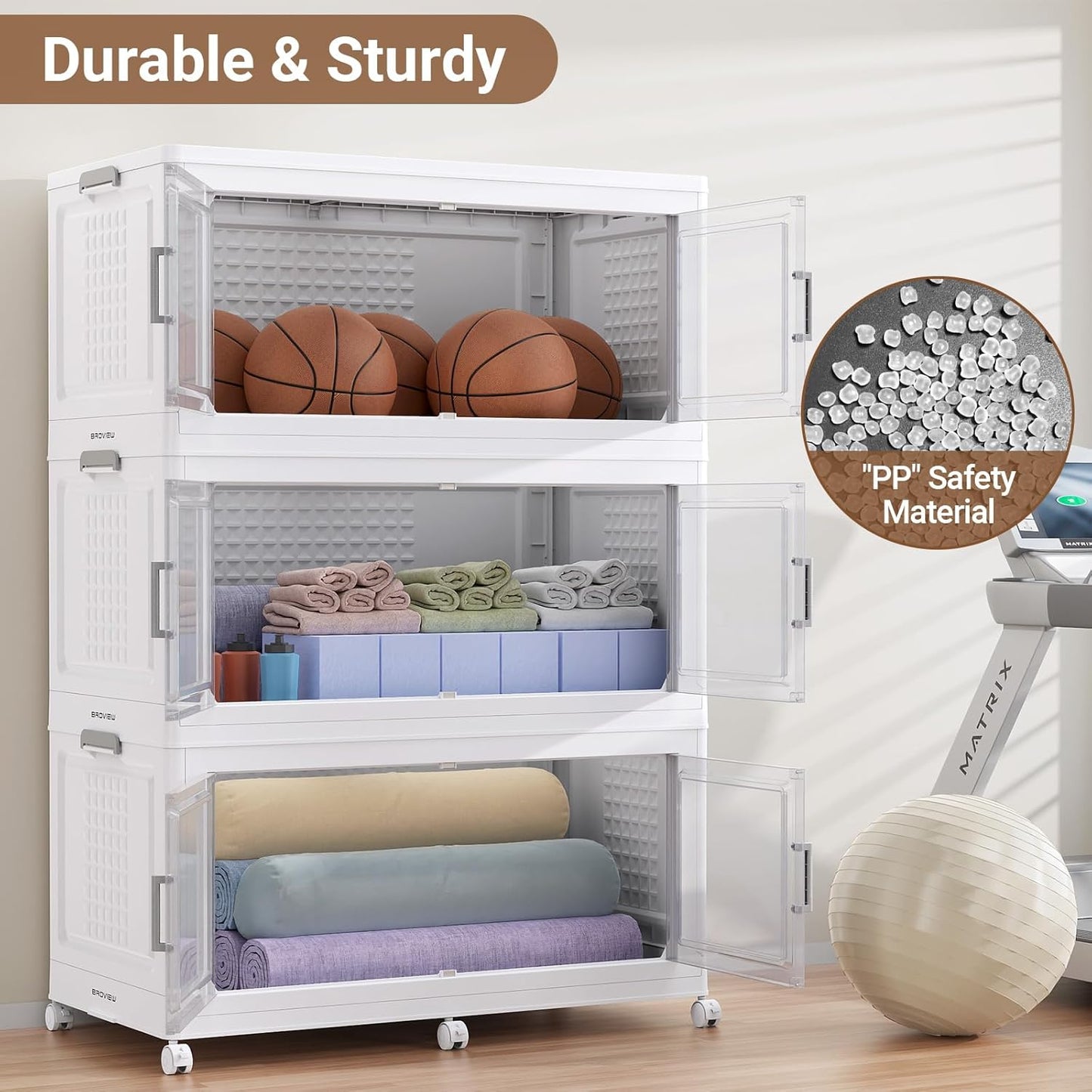 52.7"H 150Gal Plastic Storage Bins with Lid & Wheels,3Pack Extra Large Stackable Storage Bins with Dividers,Closet Organizers and Storage Cabinet Shelves Collapsible Box for Home Kitchen,White