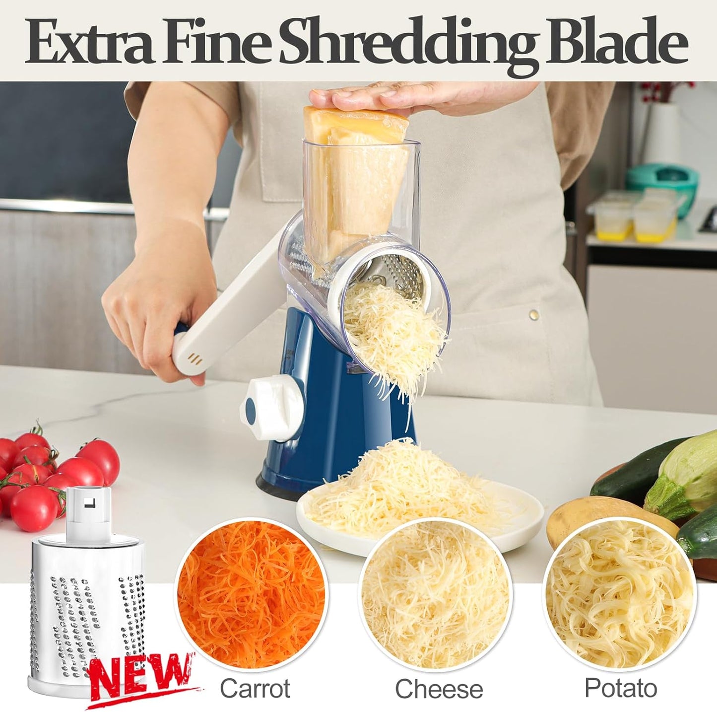 Cambom Rotary Cheese Grater Hand Crank Cheese Shredder for Fresh Cheese, Vegetable, Nuts, Non-slip Suction Base,Five Blades, Deep Blue