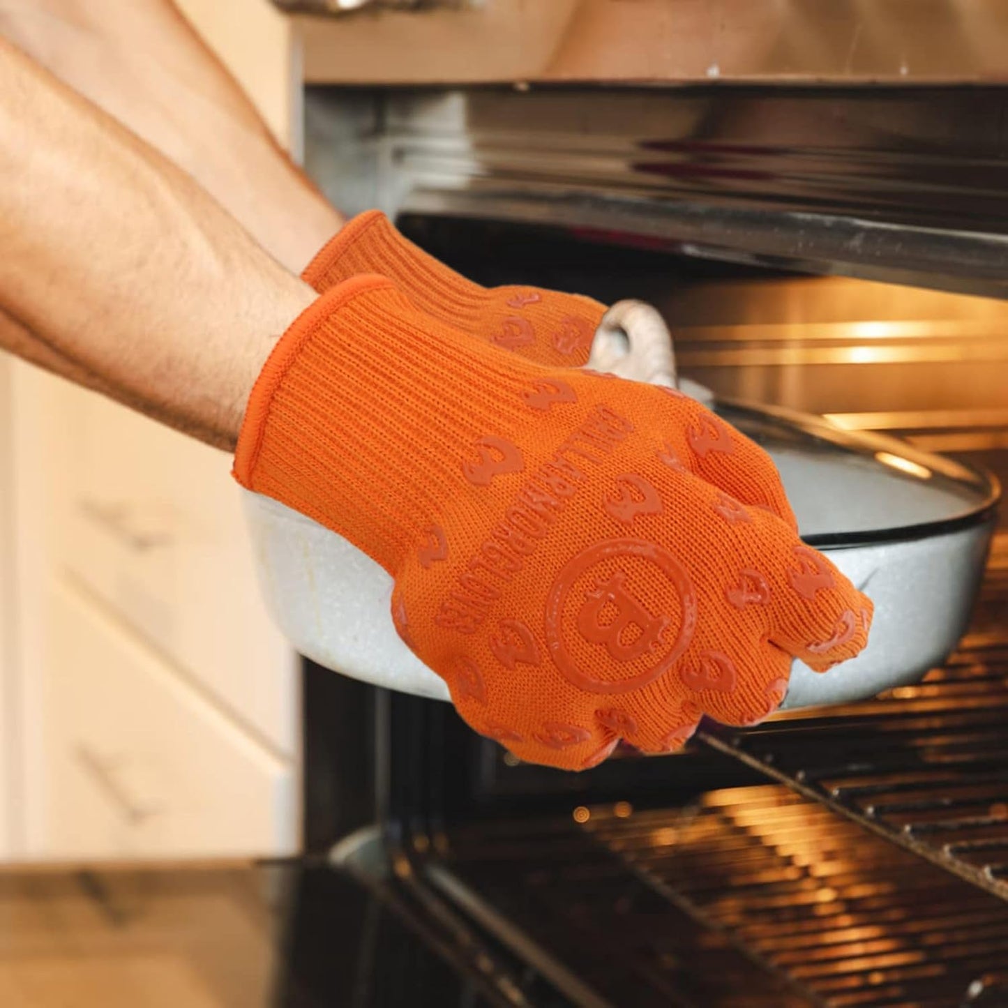 Oven Gloves 932°F Extreme Heat & Cut Resistant Oven Mitts with Fingers for BBQ, Cooking, Grilling, Baking – Accessory for Fire Pit, Camping, Fireplace & More - Orange Bitcoin Gift