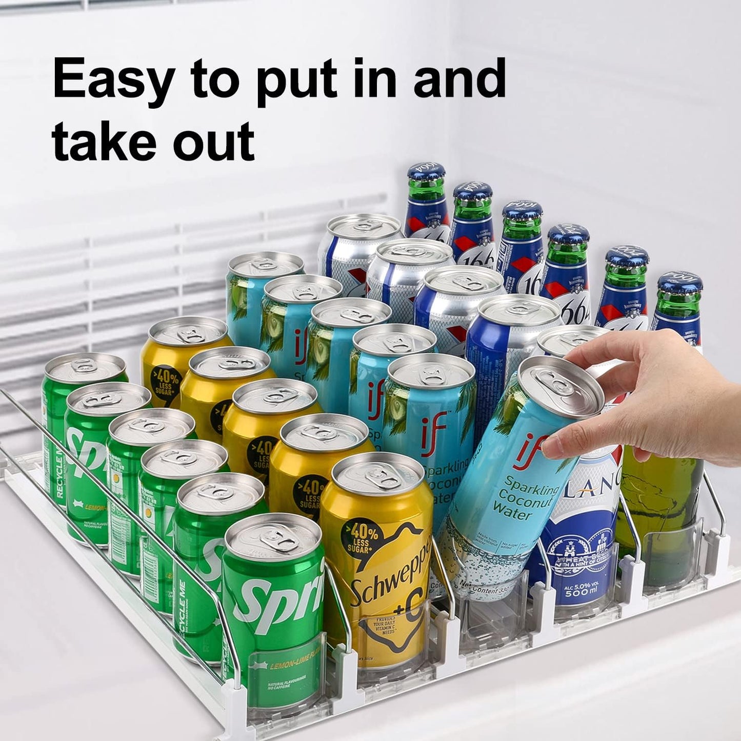 Drink Dispenser for Fridge, Soda Can Organizer for Refrigerator, Adjustable Width Beverage Self-Pushing Glide Rack, Up to 25 Cans Storage for Fridge Pantry (White, 15 Inch, 5 Rows)