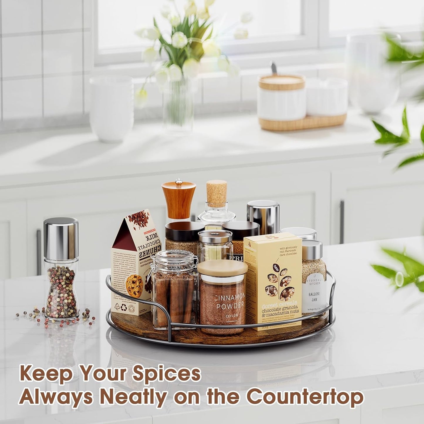 LAMU 2 Pack 9'' 10'' Lazy Susan Turntable Organizer for Table Top Cabinet, Wooden Lazy Susan for Kitchen, Pantry, Countertop, Bathroom Vanity, Spice Organization, Wood Decor