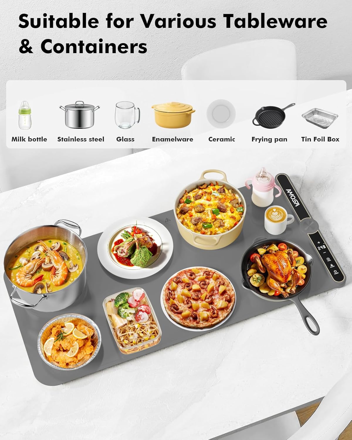 Warming Mat for Food, Fast Heating Electric Food Warmer with 9 Level Temperature and 6 Hours Timer, Extra Large Roll Up Silicone Food Warming Mat, Portable Warming Trays for Buffets Party (Grey)