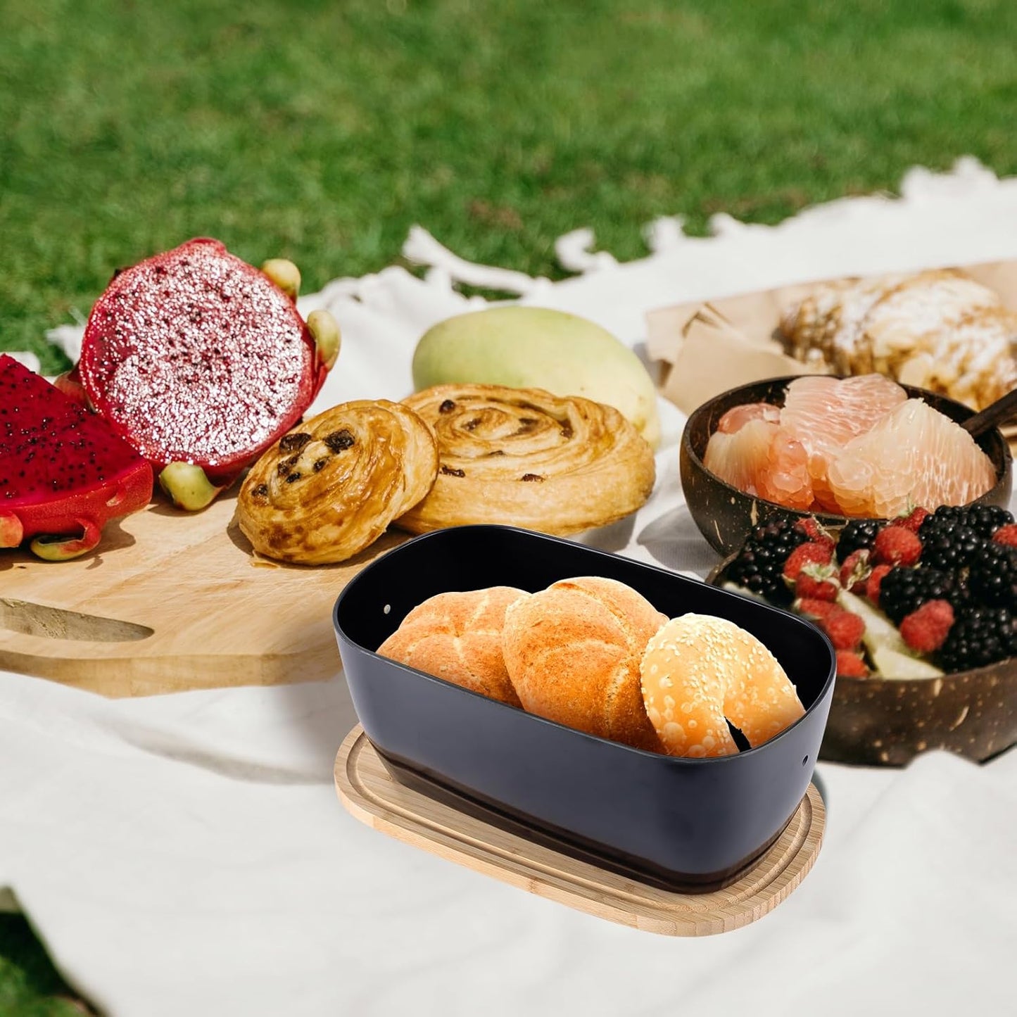 Bread Box for Kitchen Countertop - Bamboo Fiber Bread Bin with Reversible Cutting Board Lid, Juice Groove - Ventilated, Multi-Functional Storage Keeper for Freshness (14.2x7.8x5.5In, Black)
