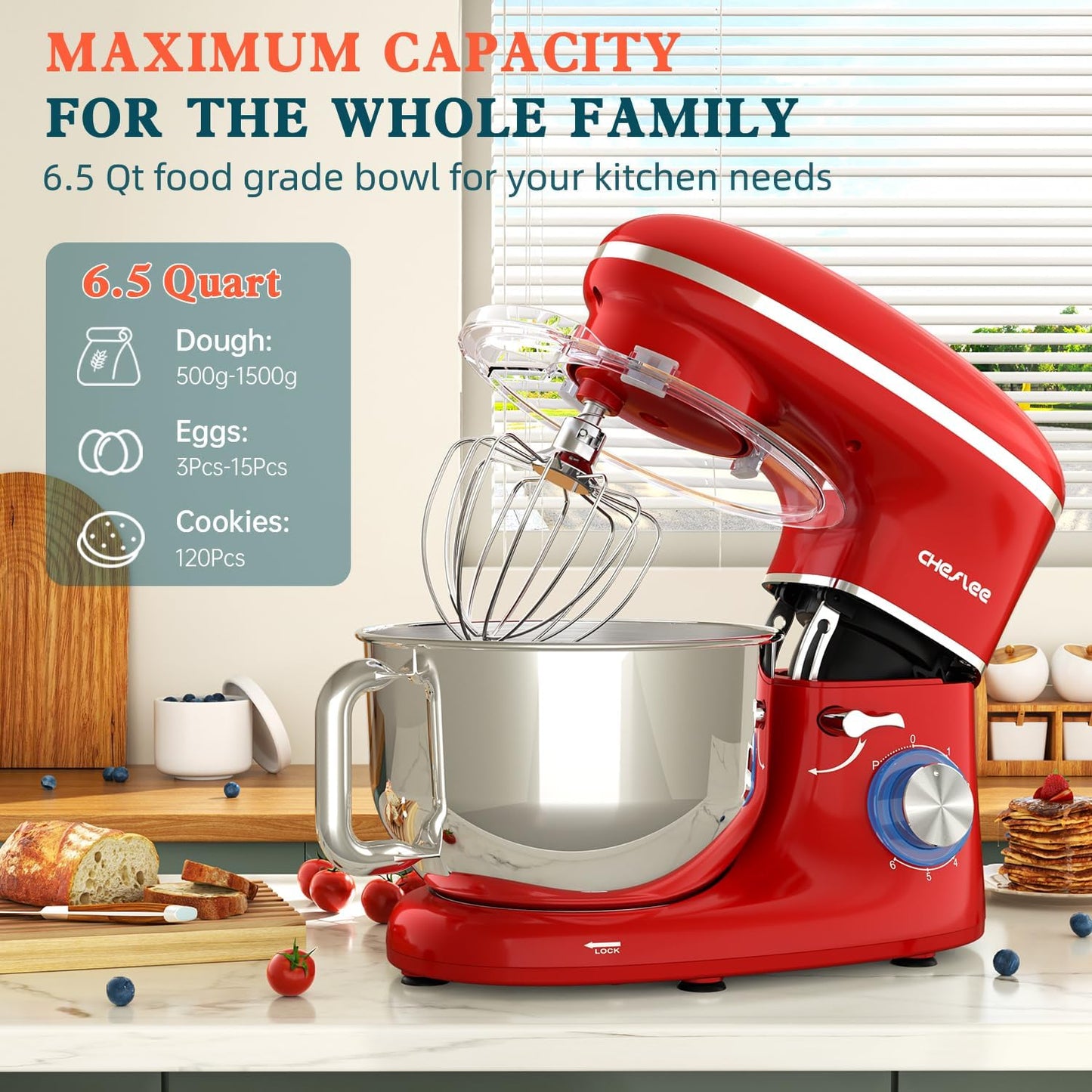 CHeflee Stand Mixer,600W 6+P With 6.5QT Stainless Steel Bowl,Dough Hook, Wire Whip & Beater,for Most Home Cooks,Red