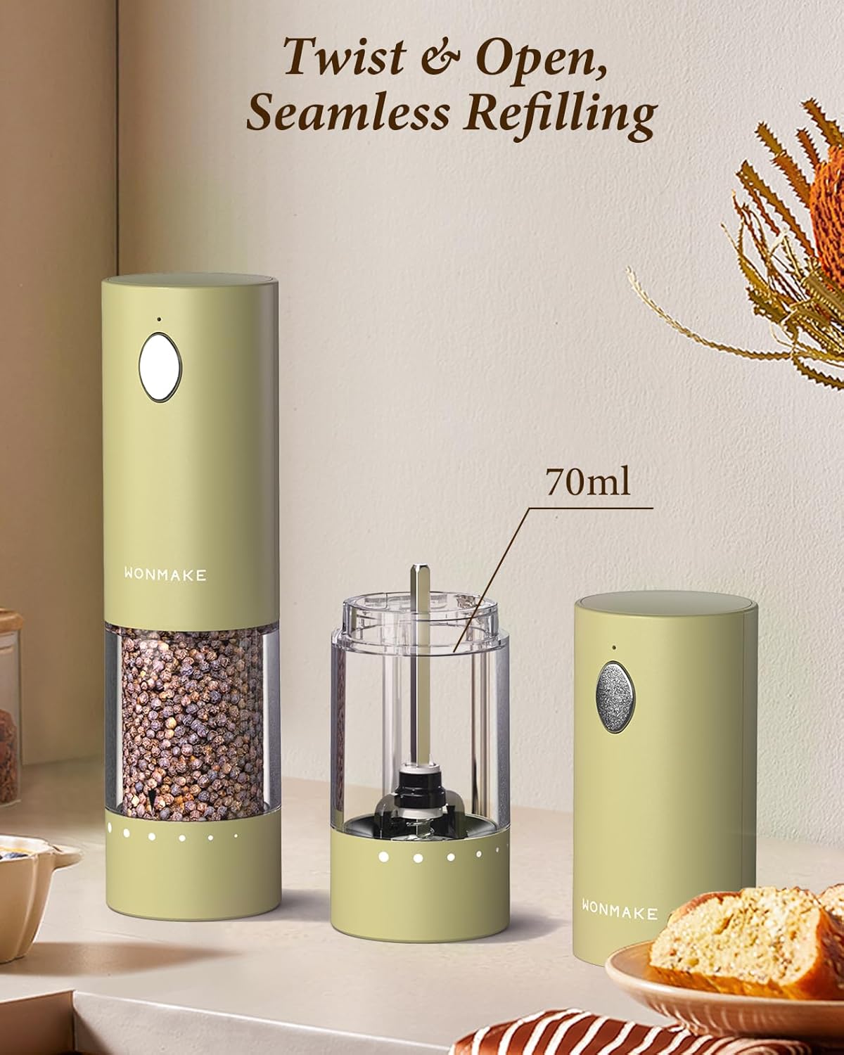 Electric Salt and Pepper Grinder Set - Automatic Refillable Salt and Pepper Grinders with Charging Base & LED Light, 6-Level Adjustable Coarseness with External Dial, Ideal Kitchen Gadget，Green