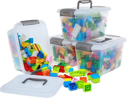 Citylife 4 Packs 6 QT Storage Bins with Lids Clear Plastic Bins with Grey Handle Stackable Storage Containers for Organizing