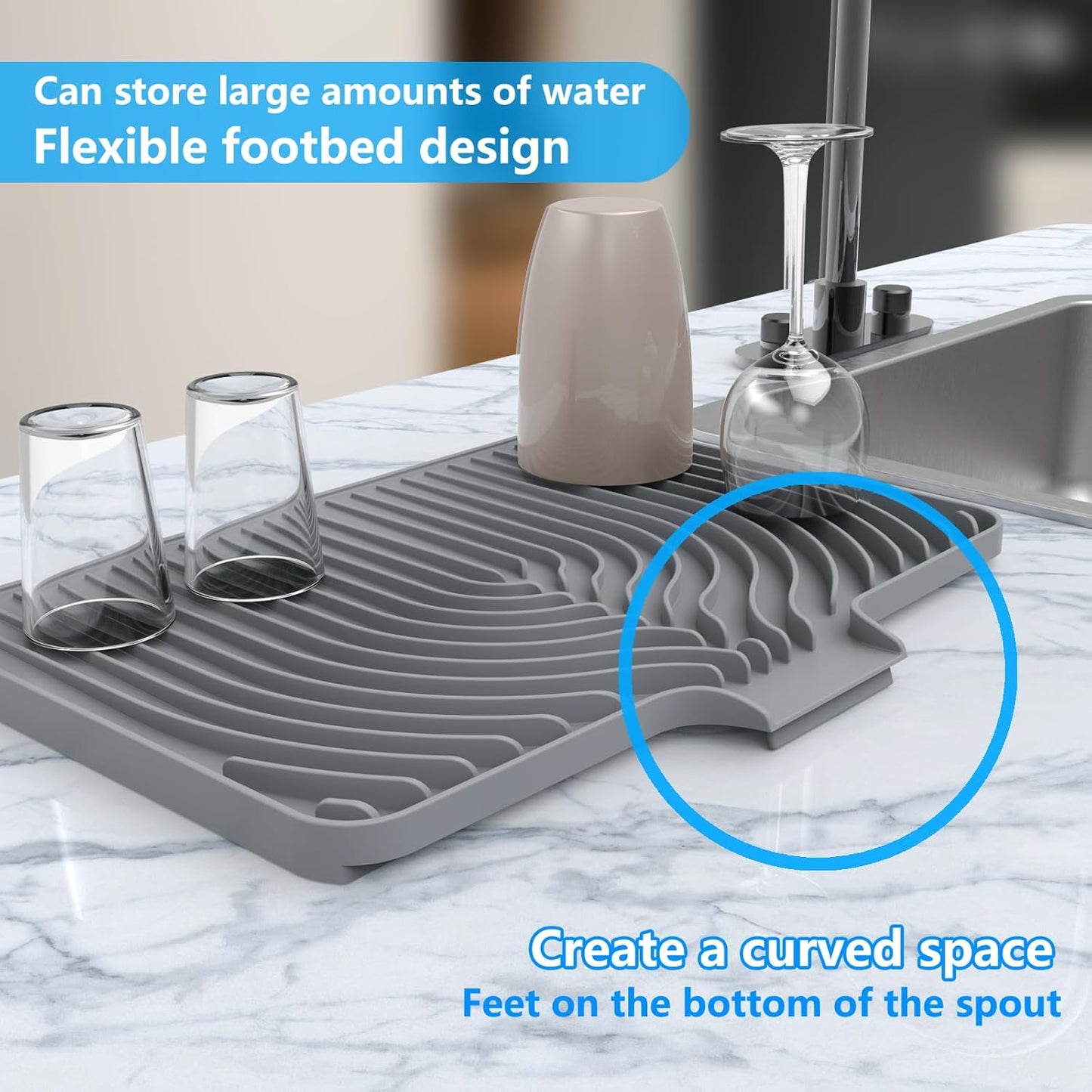 Kitchen Drying Mat for sink with a bulged edge,18"×12"Silicone Dish Drying Mat with built-in Drain Spout, Rubber Dish Mat for Kitchen (18"×12"gray)