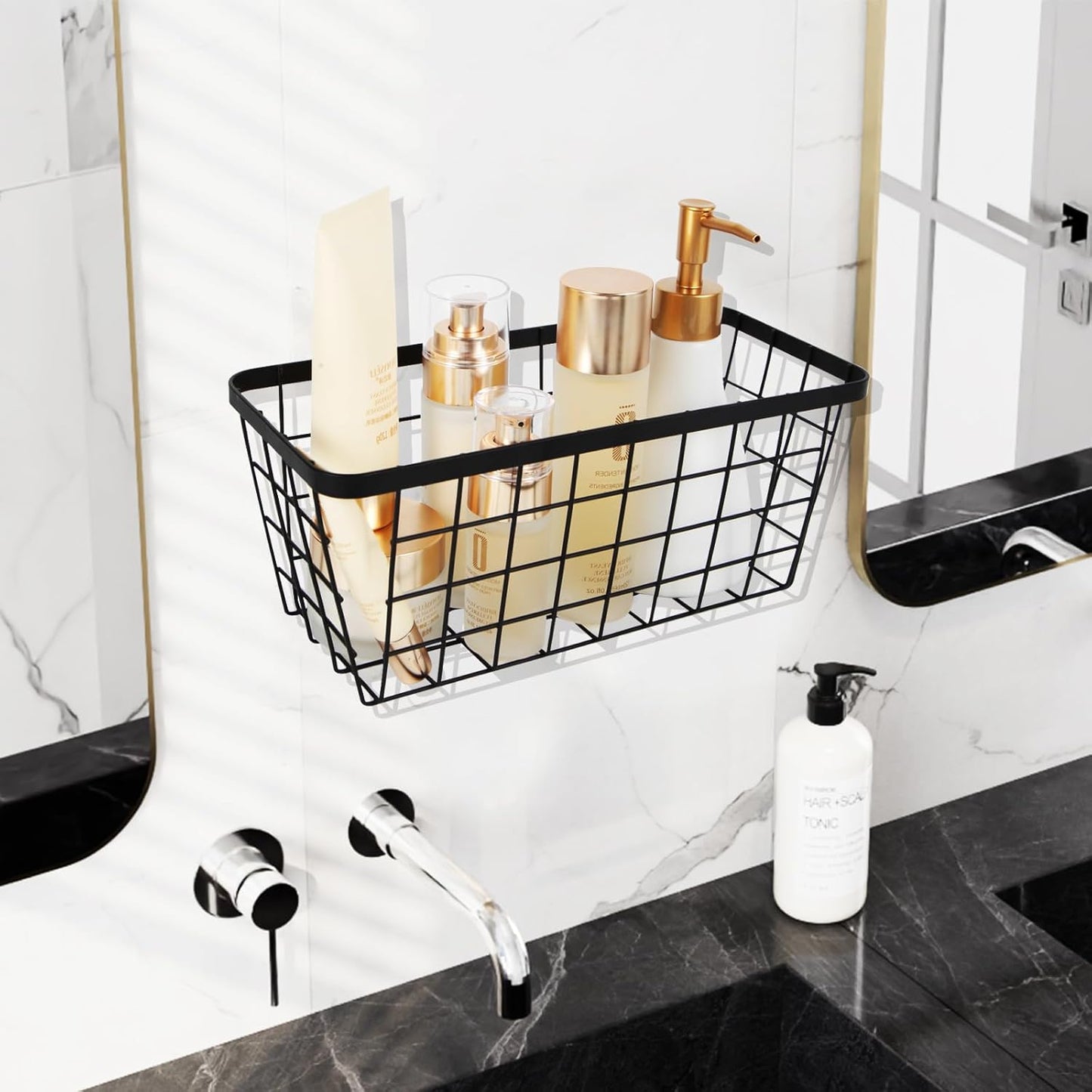 LeleCAT Hanging Kitchen Baskets, Wall-Mounted Basket for Storage Organization Rustic Farmhouse Decor, No Drilling Adhesive Basket for Cabinet Pantry Organization and Kitchen,4 Pack, Black