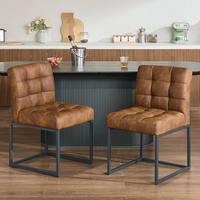 Coffee Faux Leather Dining Chairs Set of 2, Mid-Century Modern Dining Room Chairs with Armless, Checkered Kitchen Chair with Metal Legs
