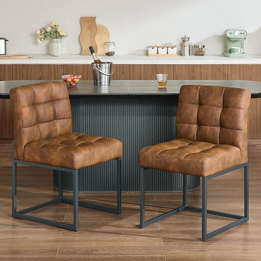 Coffee Faux Leather Dining Chairs Set of 2, Mid-Century Modern Dining Room Chairs with Armless, Checkered Kitchen Chair with Metal Legs