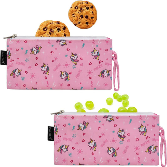 Reusable Sandwich Bag/Snack Bag for Kids & Adults, Dual Layer Lunch Bag with Handle, Washable, Food Safe, BPA Free (2-Pack, Unicorn)