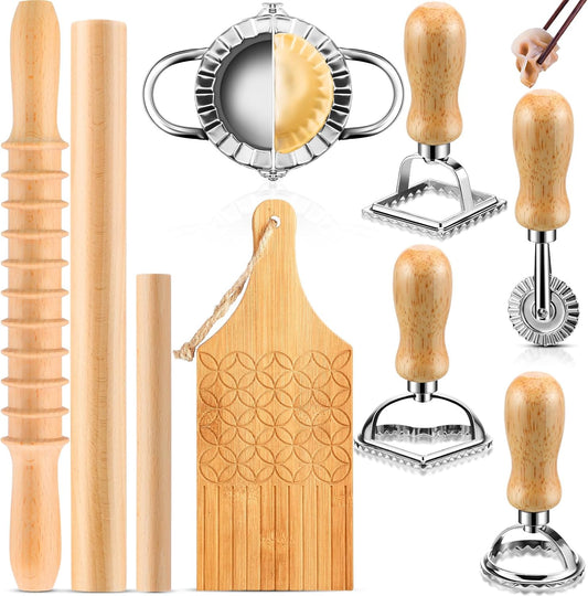 9 Pcs Gnocchi Pasta Making Tools kit - Gnocchi Board, Pasta Cutter, Ravioli Stamp, Wood Threaded Pasta Roller Pin Set, Noodle and Dumplings Maker, Homemade Kitchen Gift for Pasta Lovers
