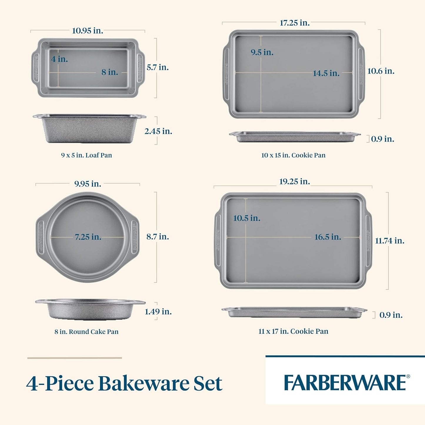 Farberware Steel Nonstick Baking, Includes Cookie, Loaf/Meatloaf, Cake Pan, 4 Piece Non Stick Bakeware Set, Gray