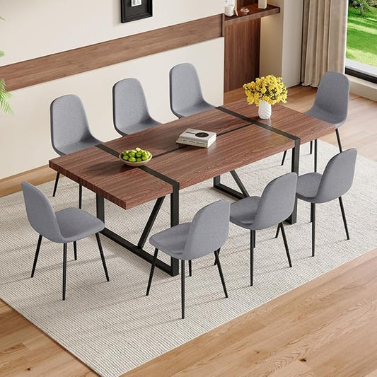 86.6" Dining Table Set for 8, Modern 9 Piece Wood Kitchen Table and Chairs Set, Rectangle Dining Room Table with 8 PU Leather Upholstered Chairs, Ideal for Home, Kitchen, or Apartment Dining