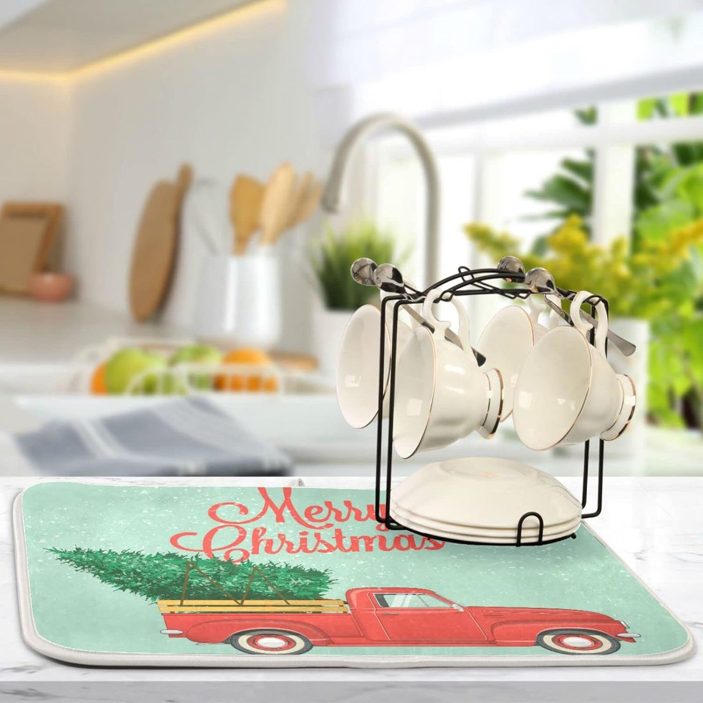 senya Super Absorbent Dish Drying Mat, Microfiber Fast-Drying Dish Mat, 16''x18'', Kitchen Dish Drying Pad, Merry Christmas Happy New Year Postcard