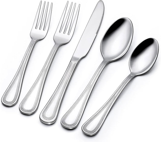 60-Piece Silverware Set for 12, Stainless Steel Flatware, Mirror Polished Cutlery Set, Utensils Include Spoons, Forks, Knives for Home, Restaurant, Beaded Handle, Dishwasher Safe