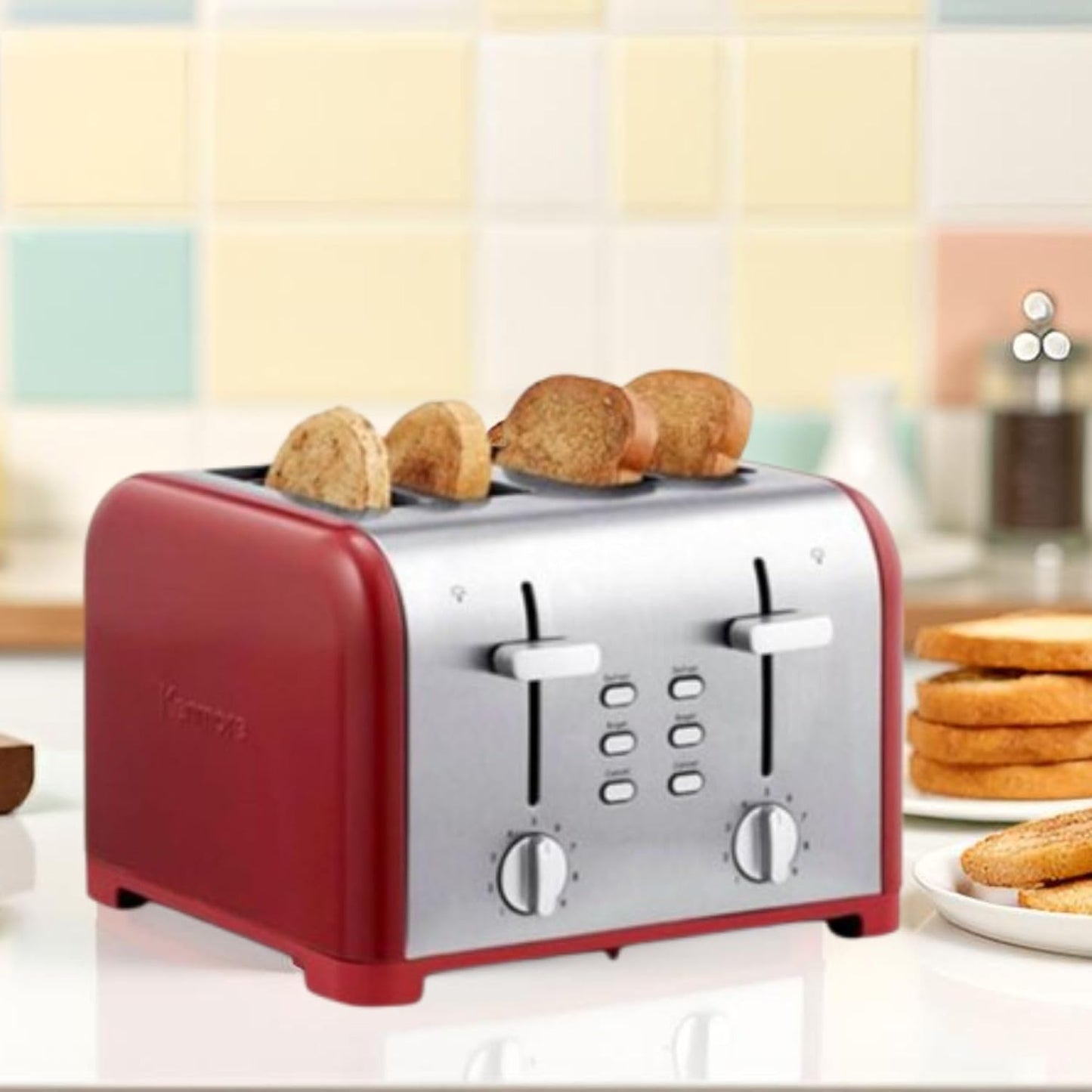Kenmore Toaster 4 Slice - Extra Wide Slot Countertop Kitchen Appliance, Defrost Function, Grille-Pain, 9 Shade Settings, Compact Design, Easy Clean Crumb Tray, Bread Bagel, Stainless Steel & Red