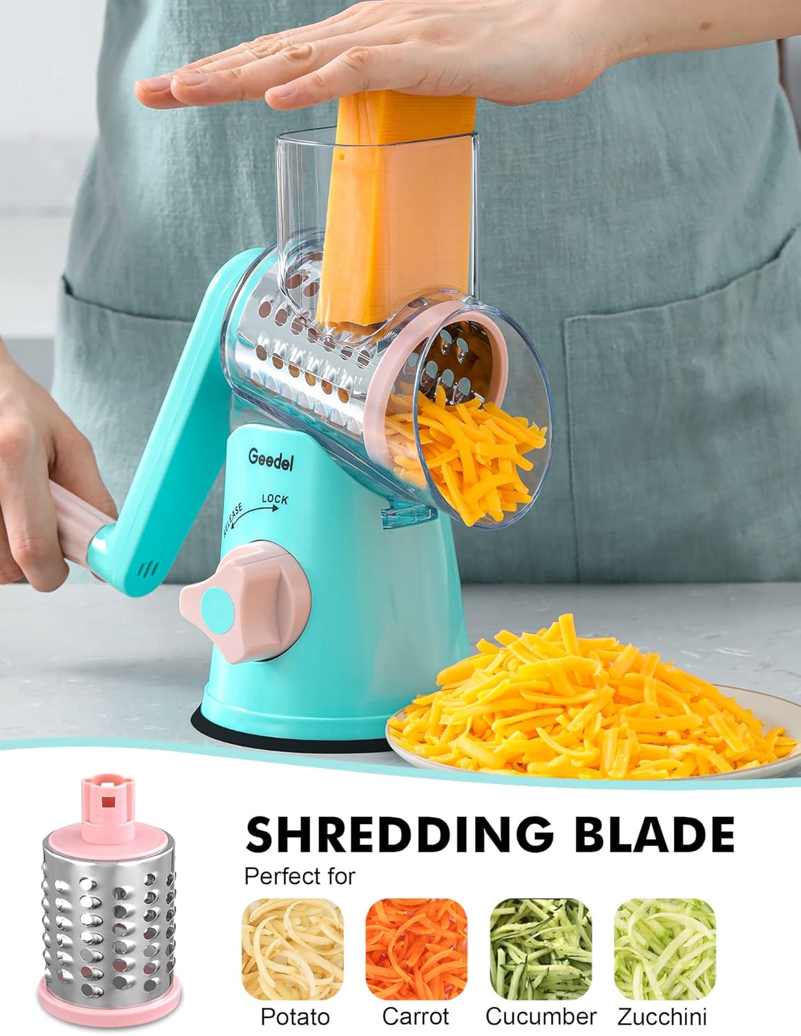 Geedel Rotary Cheese Grater, Kitchen Mandoline Vegetable Slicer with 3 Interchangeable Blades, Easy to Clean Rotary Grater Slicer for Fruit, Vegetables, Nuts