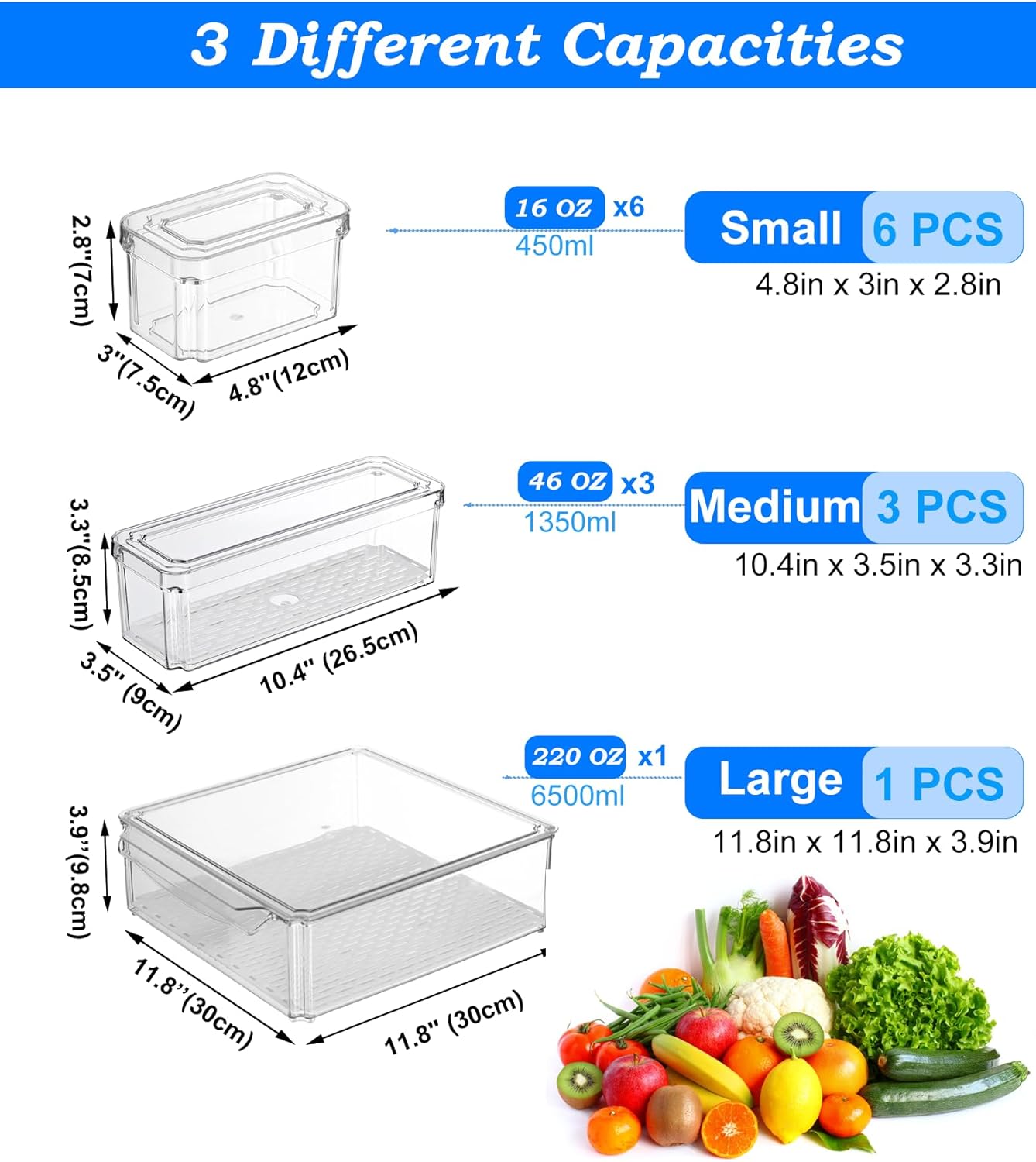 10 Pack Fridge Organizer, Stackable Refrigerator Organizer Bins with Lids, BPA-Free Produce Fruit Storage Containers for Storage Clear for Kitchen, Food, Drinks, Vegetable Storage