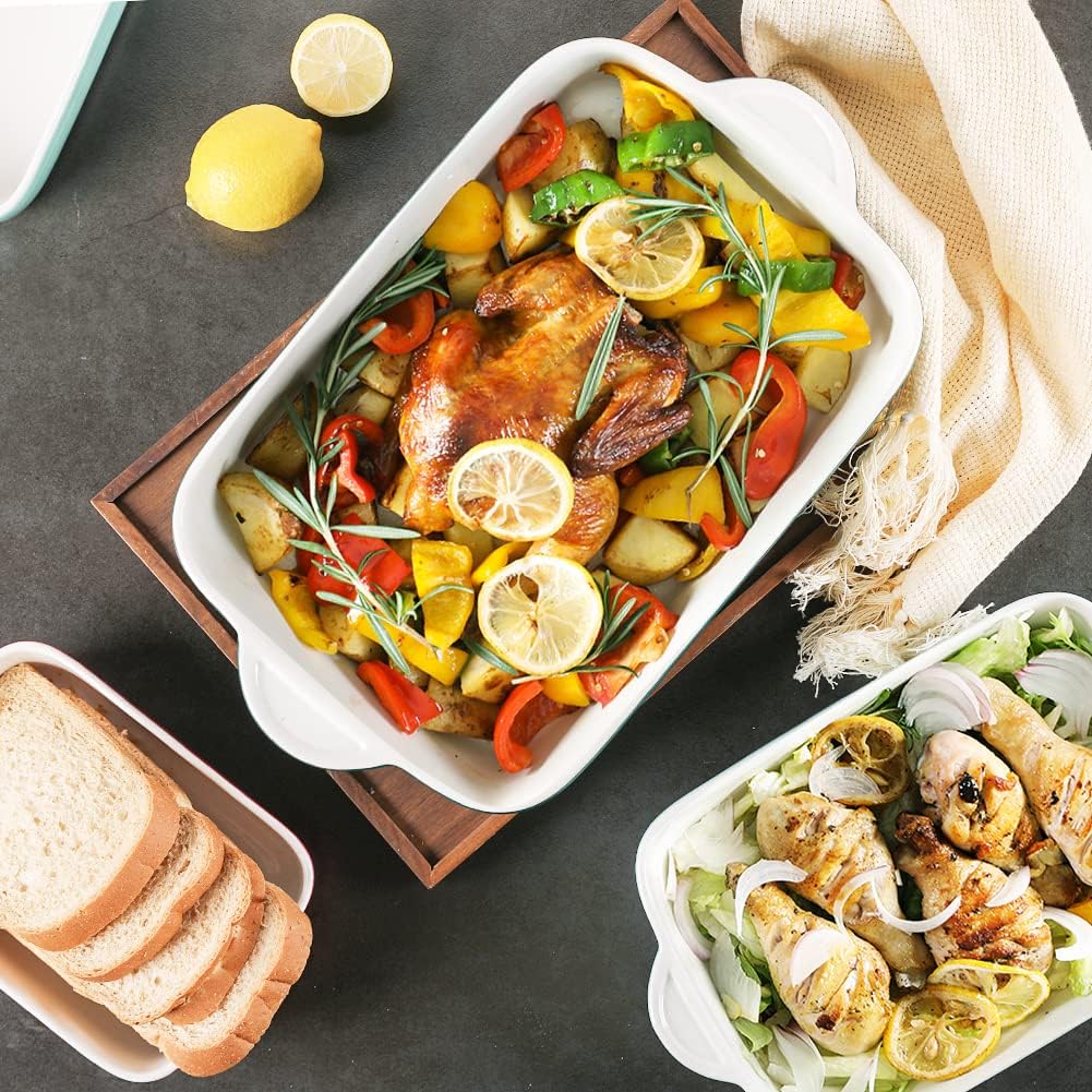 Sweejar Casserole Dishes for Oven, Ceramic Bakeware Set of 3, Lasagna Pan Deep with Handle, Rectangular Baking Pan Set, 9x13 Baking Dish for Cooking, Banquet and Daily Use (Turquoise)