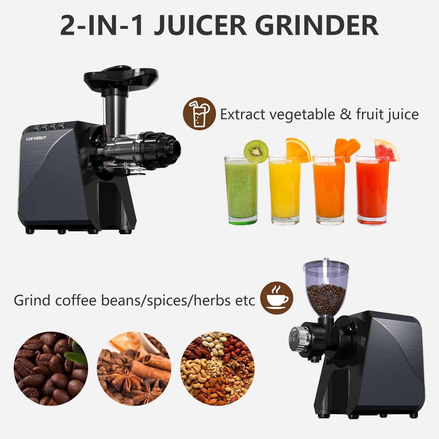 Cold Press Juicer Extractor Fruit Vegetable, Electric Coffee Grinder Burr Fine Coarse Grind for Beans Nuts, Celery Beet Carrot Wheatgrass Ginger Slow Juicer Machines Quiet BPA Free Easy To Clean