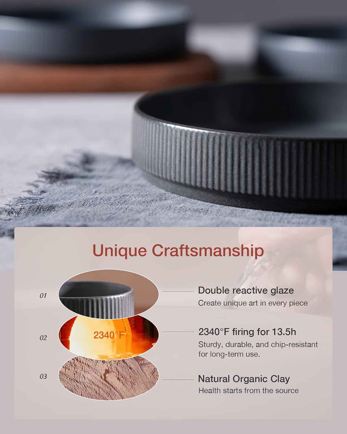 famiware Star 7.5" Pasta Bowls Set, Salad Bowl Set of 4, Double Reactive Glaze, Stackable, Ideal for Your Friend for Housewarming, Festivals, Matte Dark Charcoal (Full Glaze)