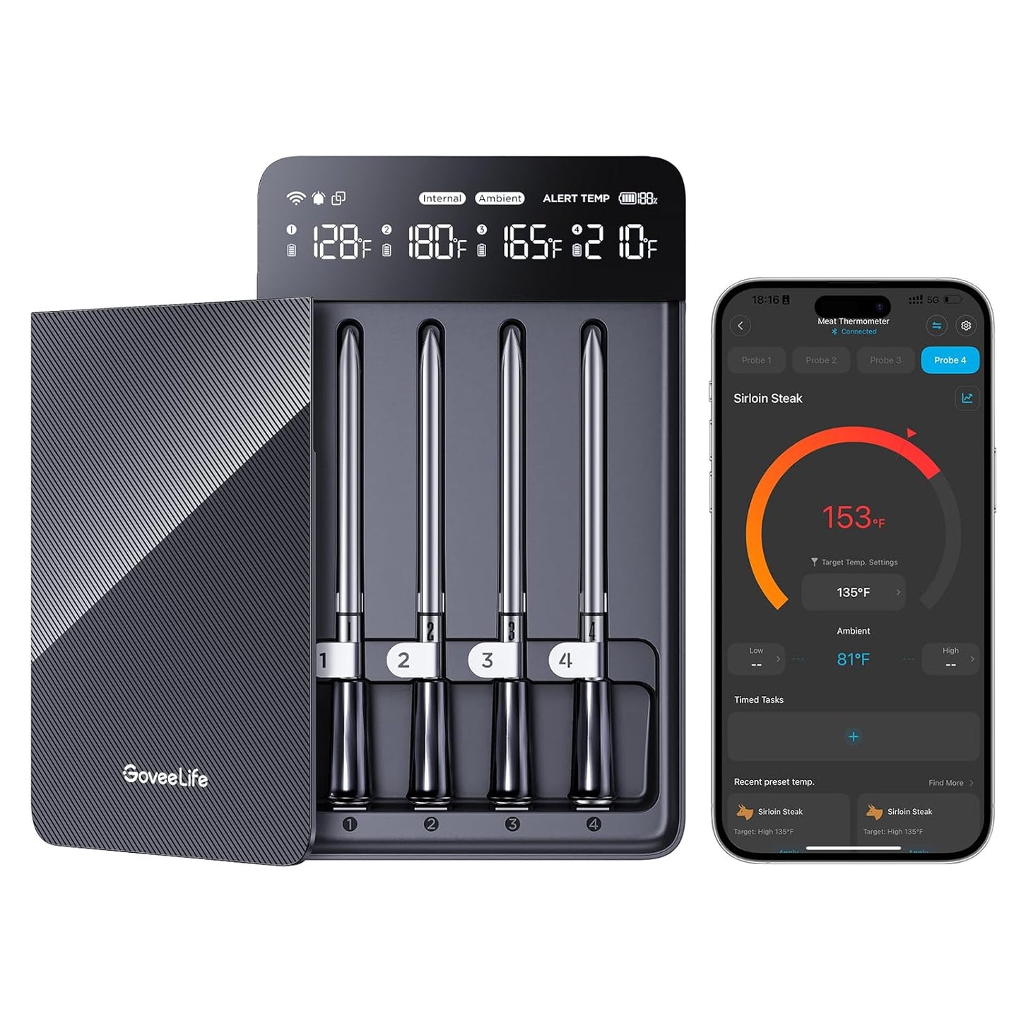 GoveeLife Digital Meat Thermometer Wireless with 4 Probes, WiFi Bluetooth Food Thermometer for Cooking, Long Range Probe Monitoring, Rechargeable Base, APP Alerts Recipes for BBQ, Oven, Grill, Smoker