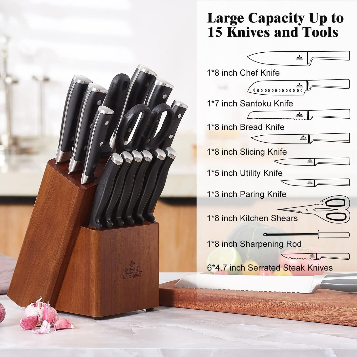 ENOKING 15 Slots Universal Knife Block, Acacia Wood Knife Block without Knives, Knife Holder for Kitchen Counter- Wider Angled Openings for Keeping Knives Sharp