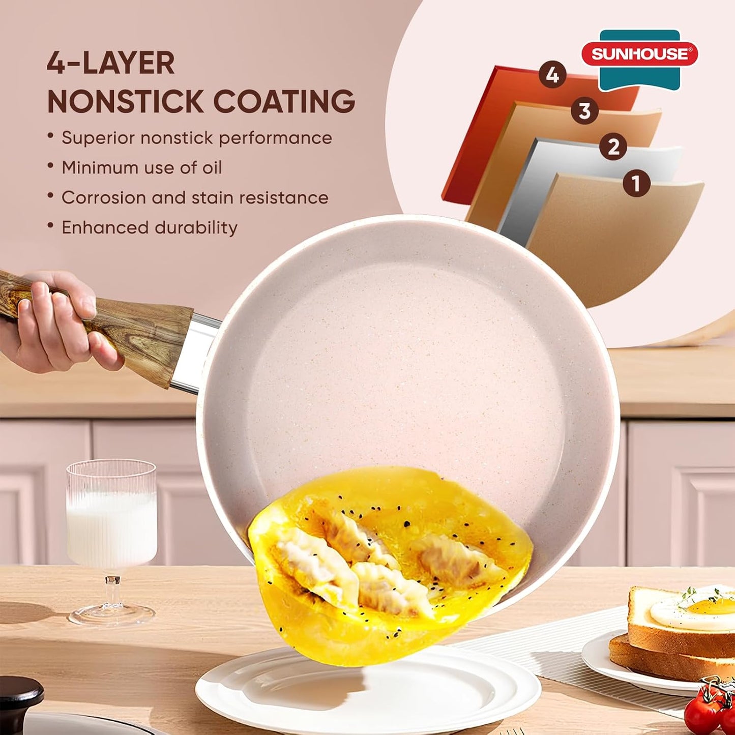 Sunhouse – Durable 9.5 Inch / 24 cm Nonstick Skillet, 4-Layer Non-Stick Frying Pan, PFOA-Free, Stay-Cool Handle, Induction Compatible with All Cooktops