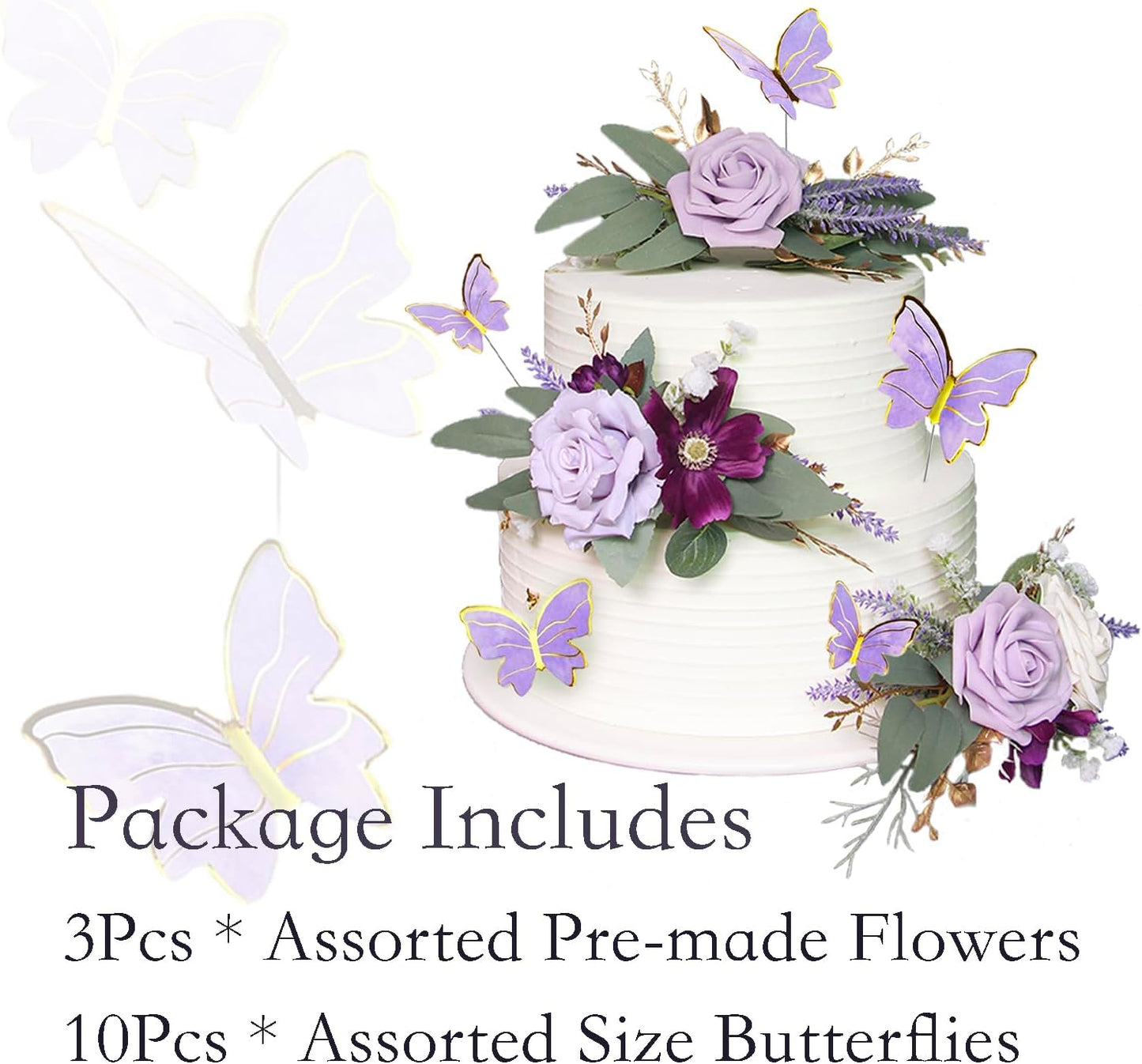 Rinlong 3Pcs Pre-made Purple Cake Flowers Decorations Flower Cake Topper Butterfly Cake Decorating Flowers for Wedding Sweet 16 Birthday Girl