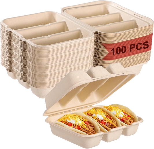 100 PCS Taco Plates Disposable with Lid, 3-Slot Taco Holder, Bagasse Pulp Takeout Food Holders for Tacos, Hot Dogs, Sandwiches, Outdoor Lunch and Party Serving (With Lid)